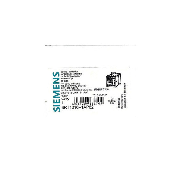Siemens 3RT1016-1AP62 contactor alternate view
