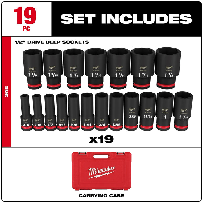Milwaukee 49-66-7012 - 49667012 - SHOCKWAVE 1/2 inch Drive SAE 6 Point Impact Socket Set (19-Piece) - 045242582549