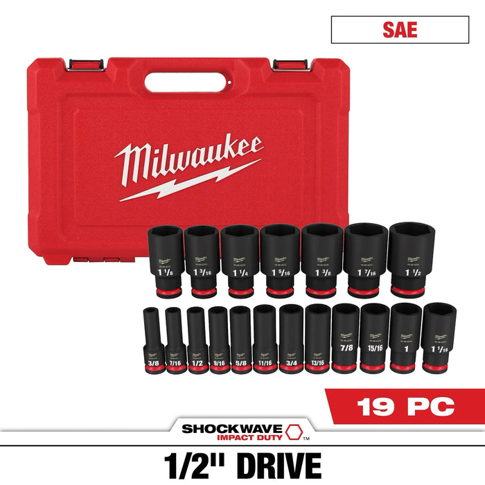 Milwaukee 49-66-7012 - 49667012 - SHOCKWAVE 1/2 inch Drive SAE 6 Point Impact Socket Set (19-Piece) - 045242582549